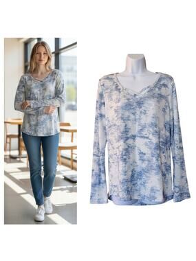 Sonoma Womens Pullover Tunic Sweater Size S Blue White V-Neck Long Sleeve Soft